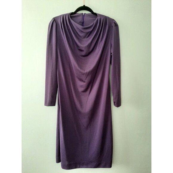 Vtg Sears Drape Neckline Midi Shift Dress Long Slim Sleeve 70s Purple S/M - Picture 1 of 7